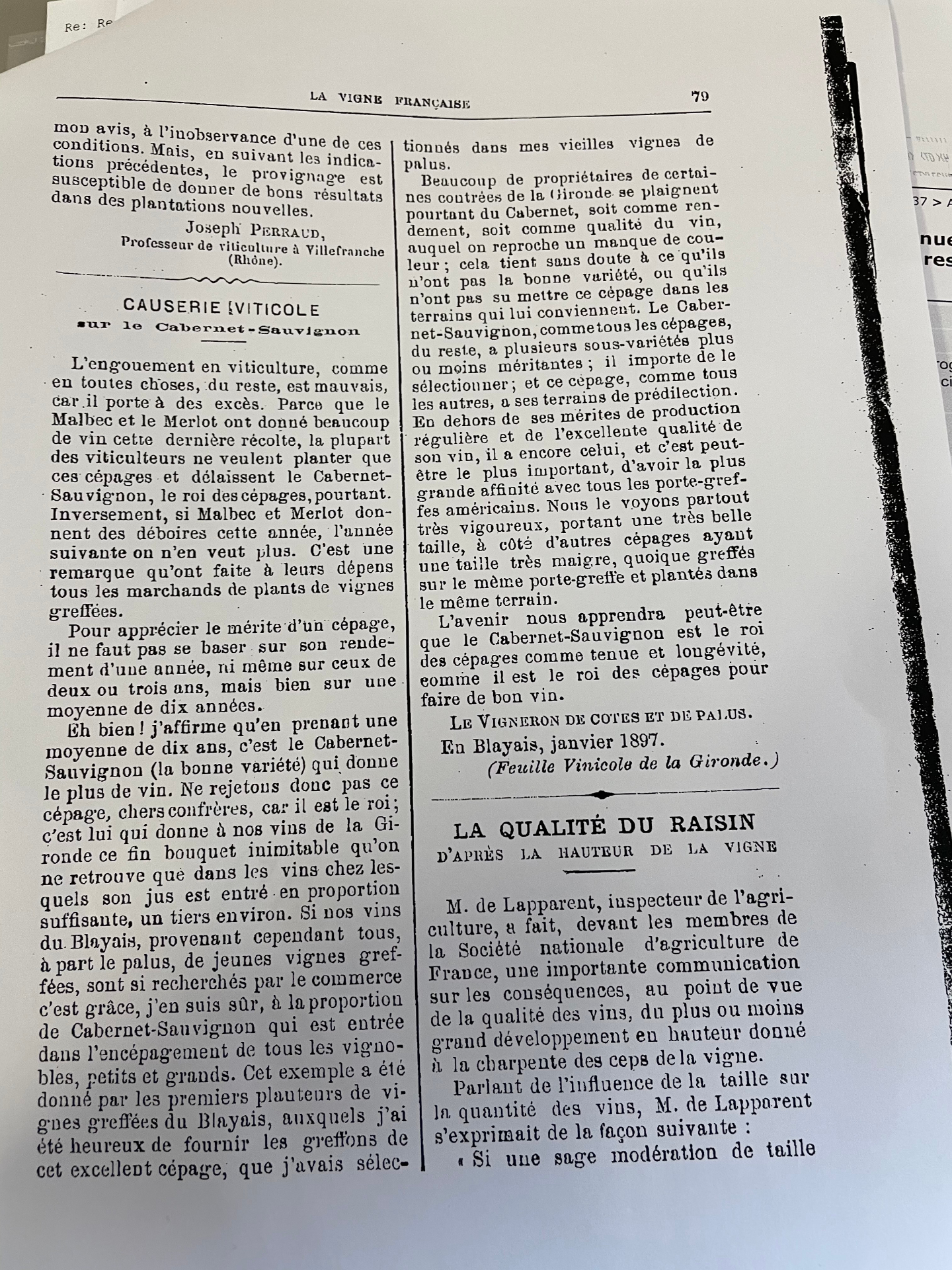 Causerie viticole sur le Cabernet-Sauvignon, La Vigne Française, janvier 1897