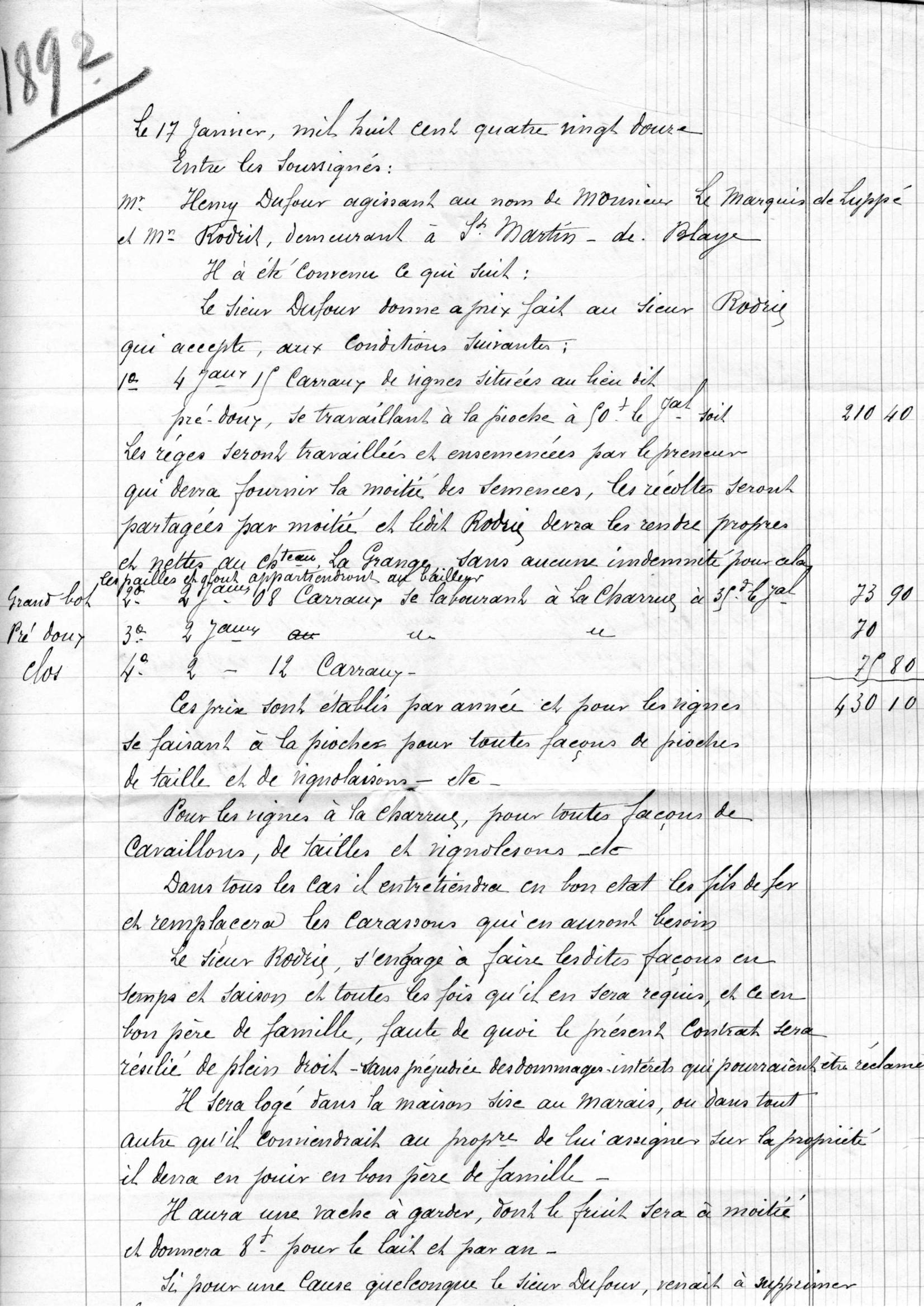 Contrat 1892 — page 1