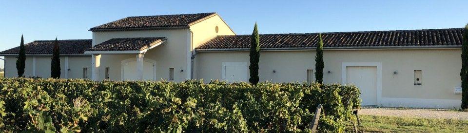 Vue du bâtiment principal du Château La Rose Vircoulon avec des vignes au premier plan sous un ciel bleu