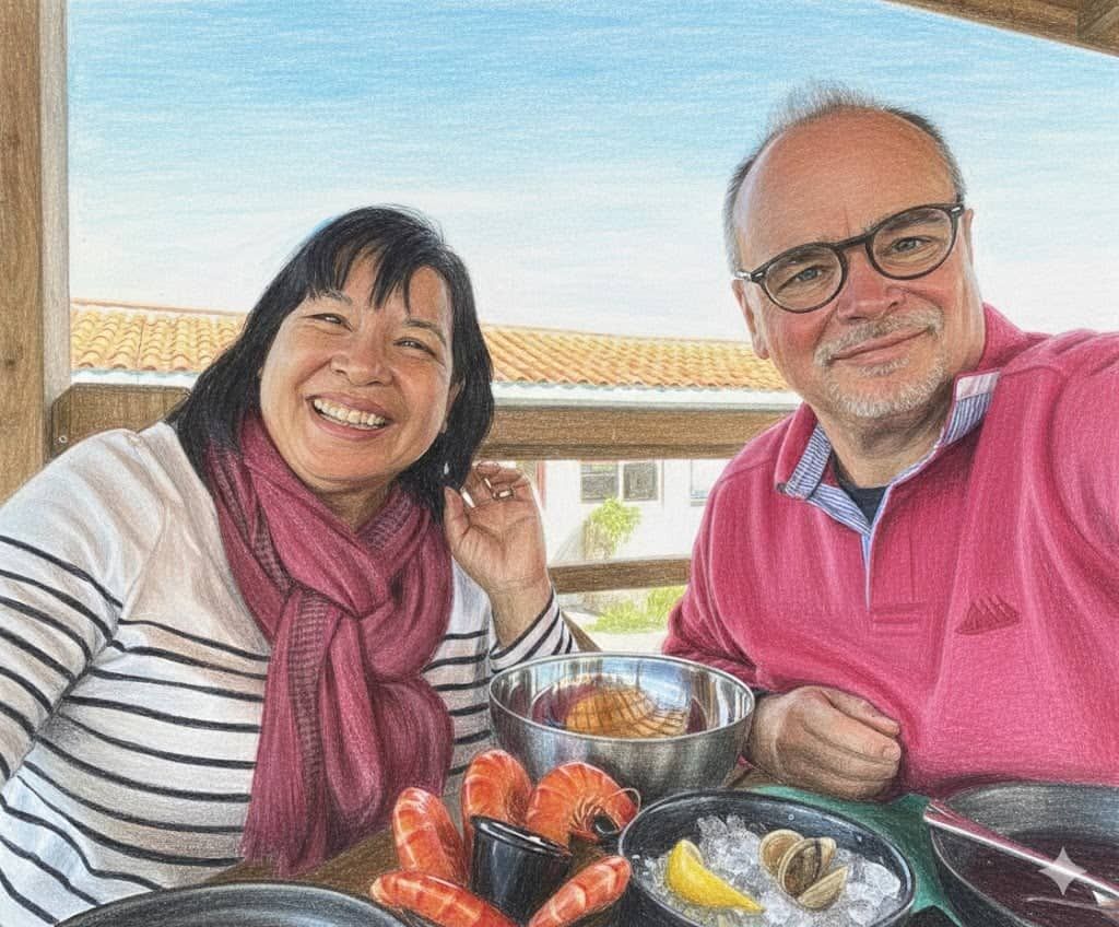 Repas gourmand en terrasse à Andernos, face au Bassin d’Arcachon, avec fruits de mer et ambiance chaleureuse, les hôtes…