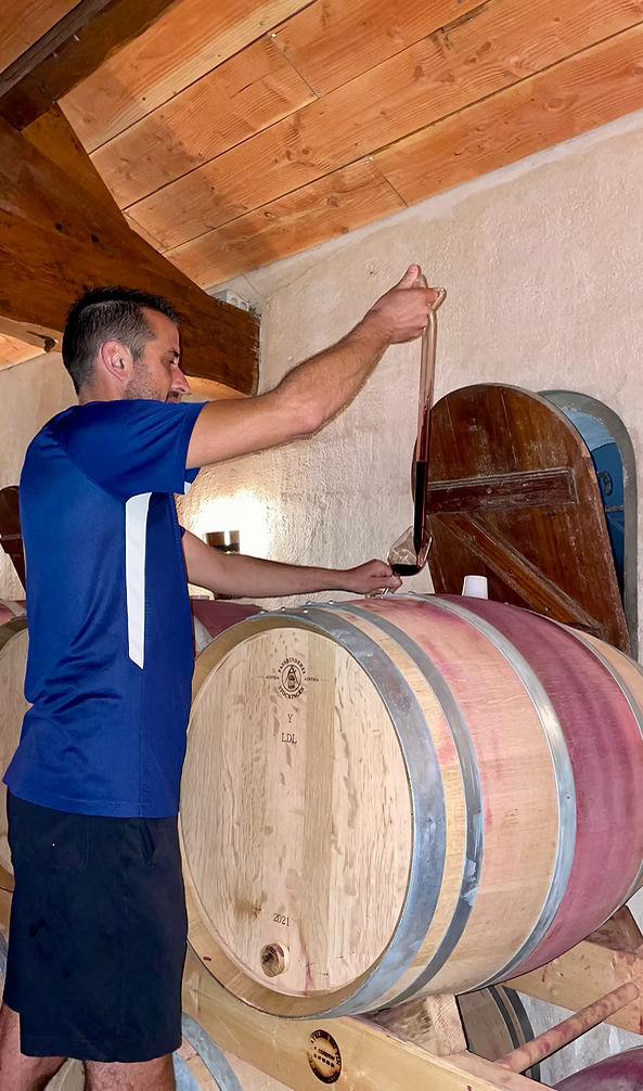 Nicolas Jarousseau prélève un échantillon de vin pour la dégustation et suivre l'évolution  du vin.