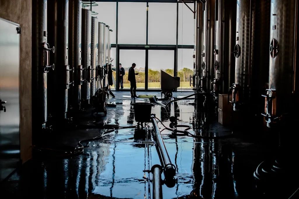Intérieur d'une cave de vinification au Château Lauduc à Bordeaux, avec des cuves en acier inoxydable alignées de part et…