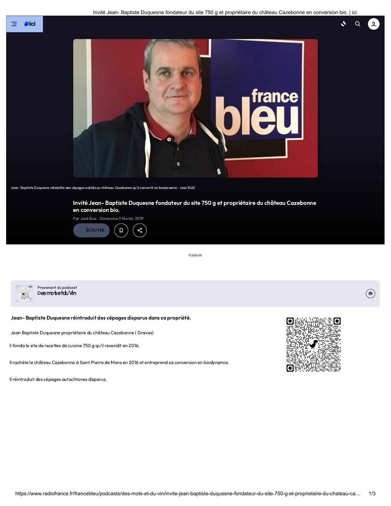 Invité Jean- Baptiste Duquesne fondateur du site 750 g et propriétaire du château Cazebonne en conversion bio.