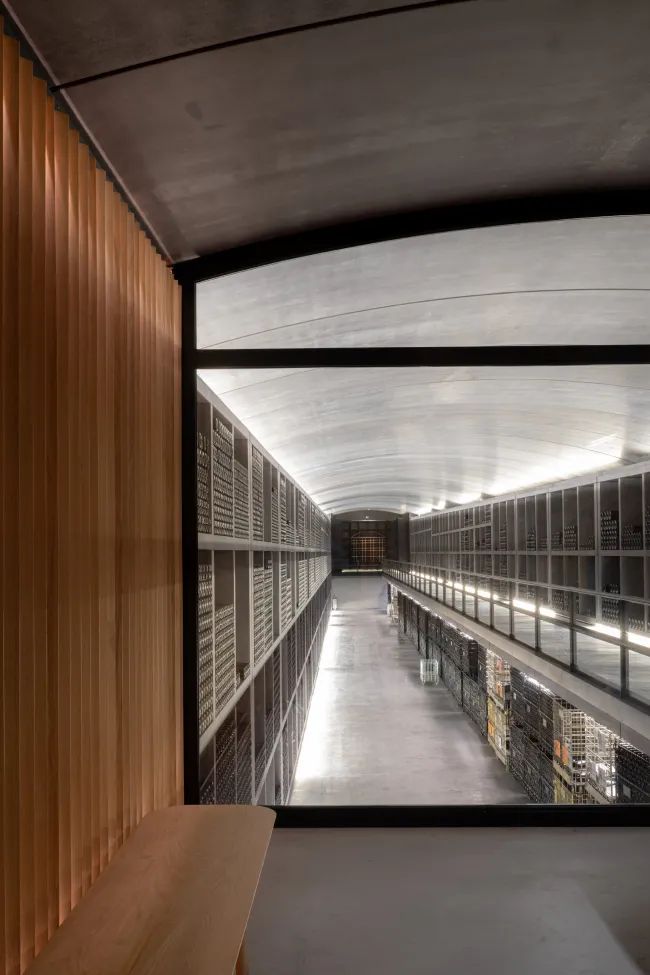 A modern hallway with sleek surfaces, wooden walls, and large windows, creating a minimalist and inviting atmosphere.