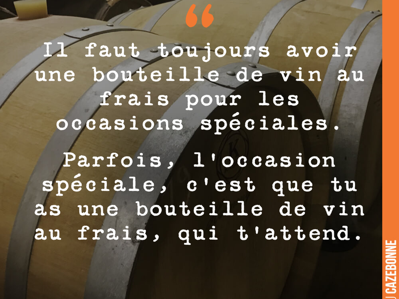 Il faut toujours avoir une bouteille de vin au frais pour les occasions spéciales. Parfois, l'occasion spéciale, c'est que tu as une bouteille de vin au frais, qui t'attend.