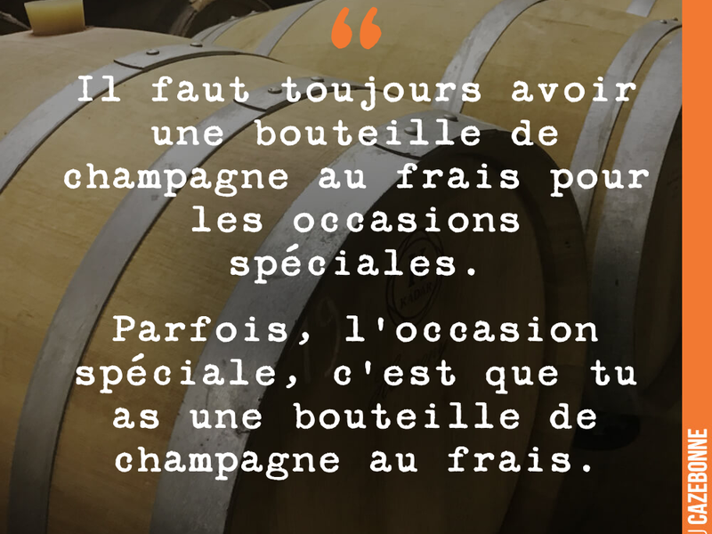 Il faut toujours avoir une bouteille de champagne au frais pour les occasions spéciales. Parfois, l'occasion spéciale, c'est que tu as une bouteille de champagne au frais.