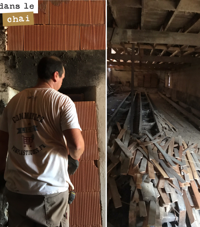 On continue les travaux dans le chai. L’idée est de pouvoir accueillir ici barriques et amphores pour l’élevage de nos meilleures cuvées. 
On a hâte !
