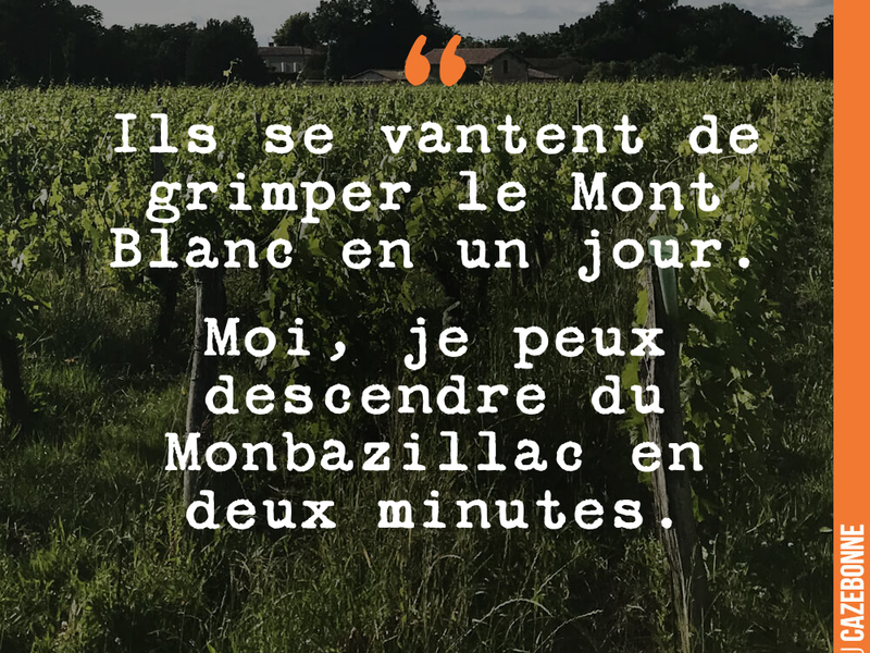 Ils se vantent de grimper le Mont Blanc en un jour. Moi, je peux descendre du Monbazillac en deux minutes