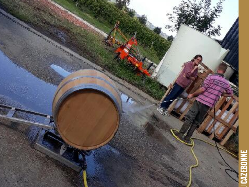 One by one, we are cleaning the white wine barrels that will be used for the fermentation of the Sémillon. A preliminary sulphuring of the barrel will be carried out by burning volcanic sulphur.