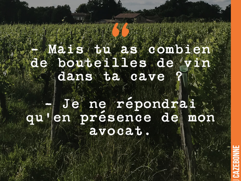 - Mais tu as combien de bouteilles de vin dans ta cave ? - Je ne répondrai qu'en présence de mon avocat.