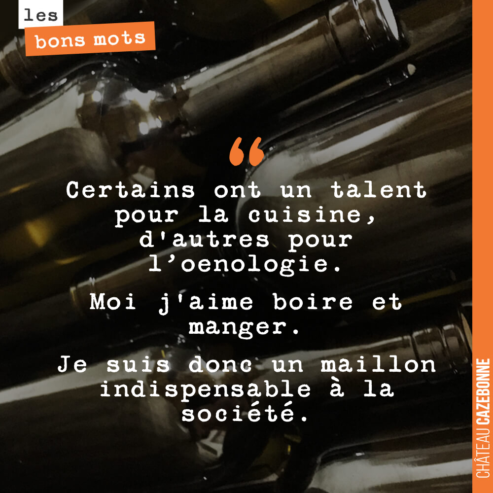 Certains ont un talent pour la cuisine, d'autres pour l'oenologie. Moi j'aime boire et manger. Je suis donc un maillon indispensable à la société.