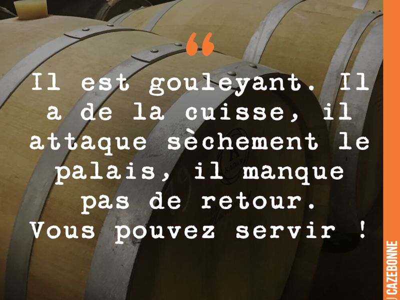Il est gouleyant. Il a de la cuisse, il attaque sèchement le palais, il manque pas de retour. Vous pouvez servir !