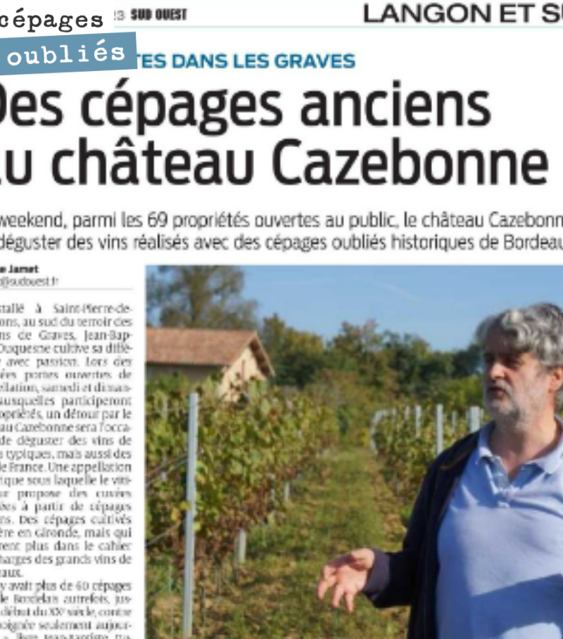 Dans le Sud-Ouest du jour, un joli papier sur notre travail de replantation des cépages historiques de Bordeaux.
Article à l’occasion des portes ouvertes dans 69 châteaux de Graves. Nous aurons l’o...