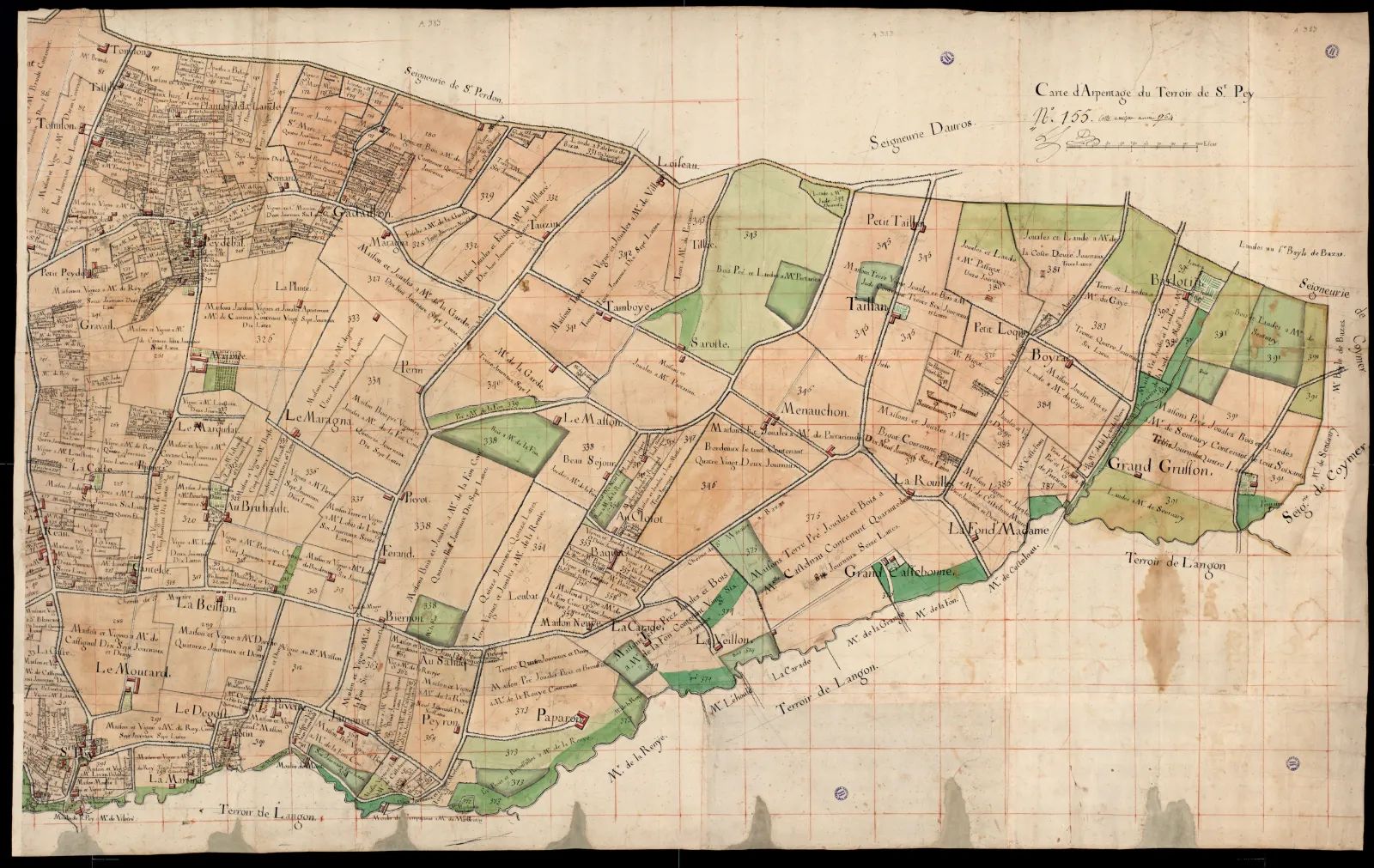 Carte de Saint-Pierre de Mons vers 1700 avec les parcelles propriété de Nicolas de la Reynie