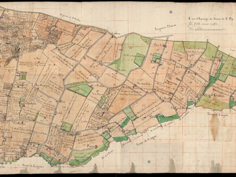 Carte de Saint-Pierre de Mons vers 1700 avec les parcelles propriété de Nicolas de la Reynie