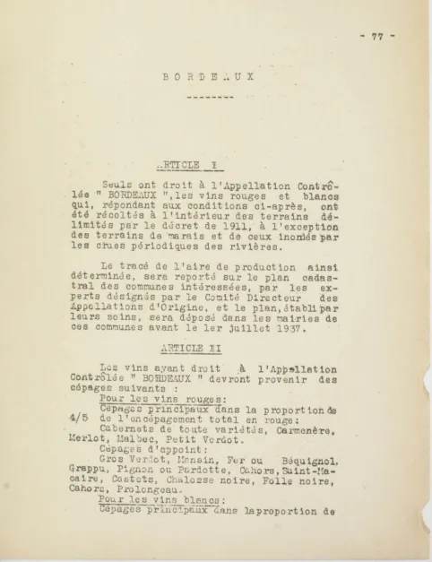 Cahier des charges des AOC Bordeaux en 1935